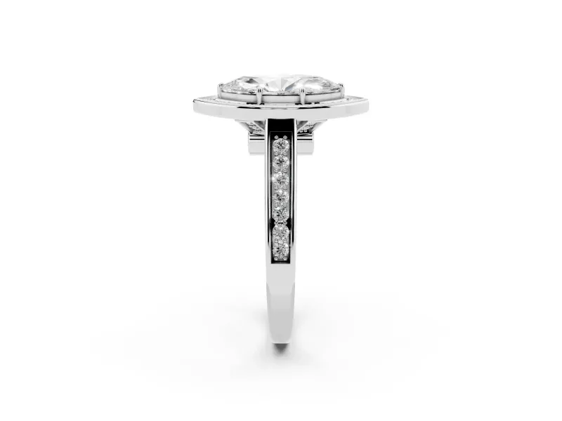 Marquise Cut Diamond Halo Solitaire Ring Set in Silver with Pavé Band and Bezel Setting