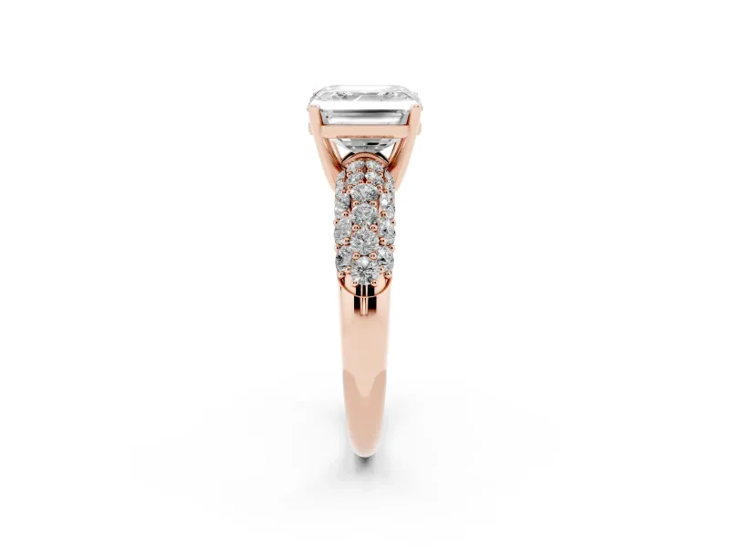 Asscher Cut Multi Row Pave Solitaire Engagement Ring Setting | Domed Shoulders | Rose Gold