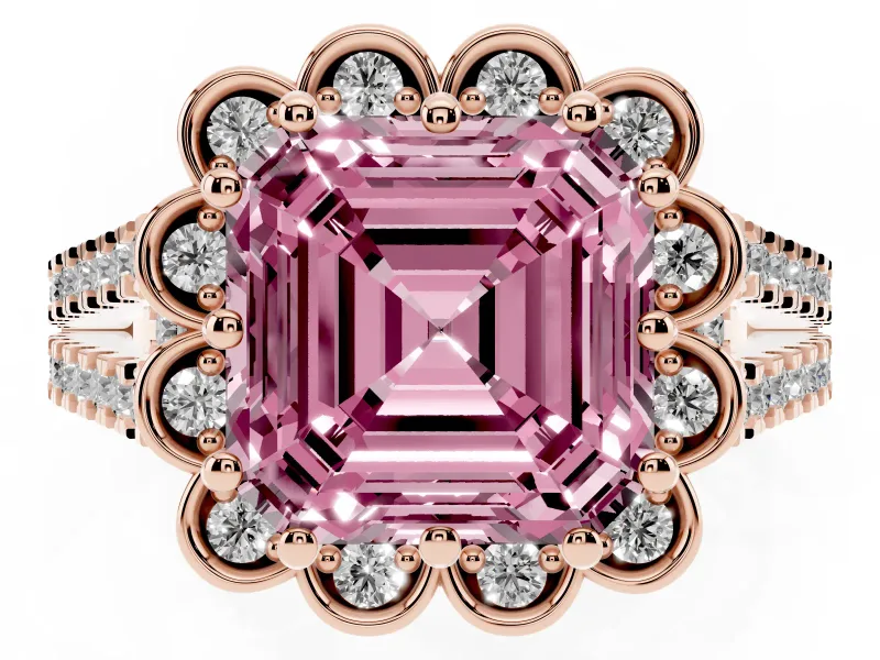 Asscher Cut Floral Halo Engagement Ring Setting for a Fancy Pink Lab-Grown Diamond | Pavé Split Shank | Rose Gold