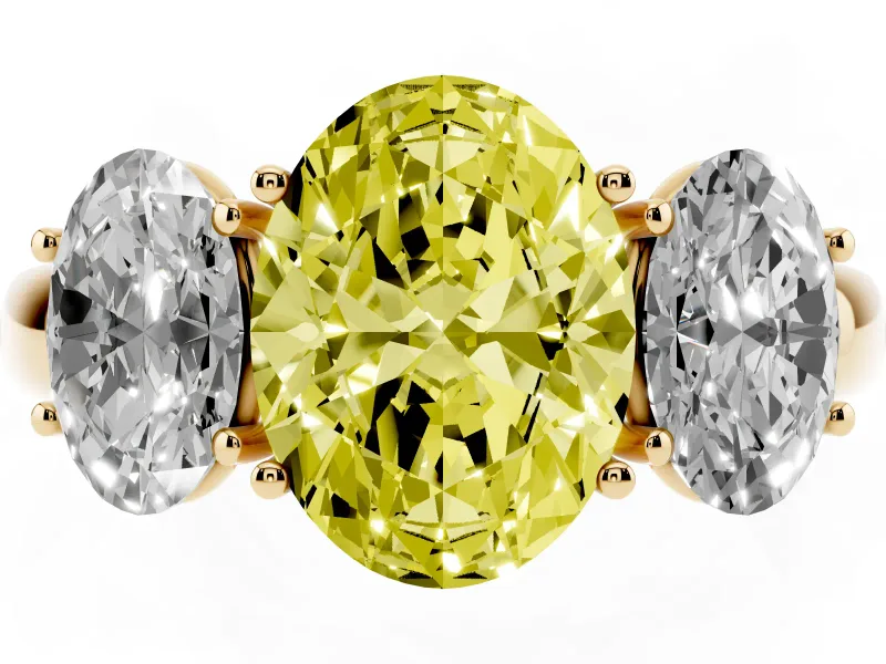 Fancy Yellow Oval Cut Diamond Three-Stone Ring Set in Yellow gold with Bold Center and Classic Band