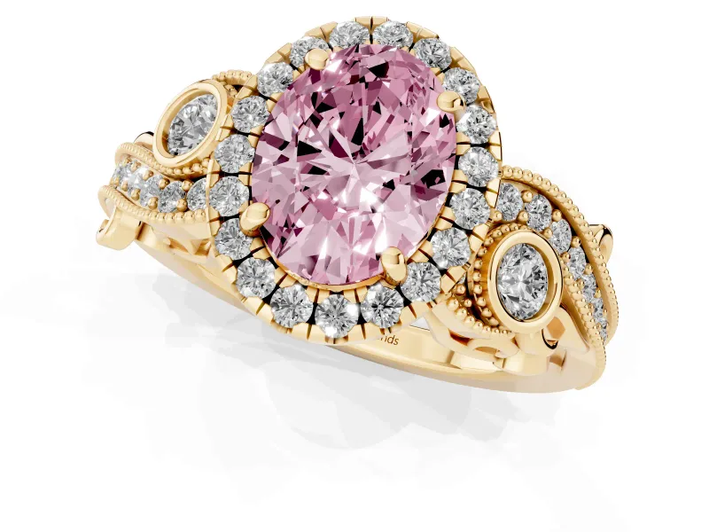Fancy Pink Oval Cut Diamond Halo Ring Set in Yellow gold with Milgrain Pavé Band and Prong Setting