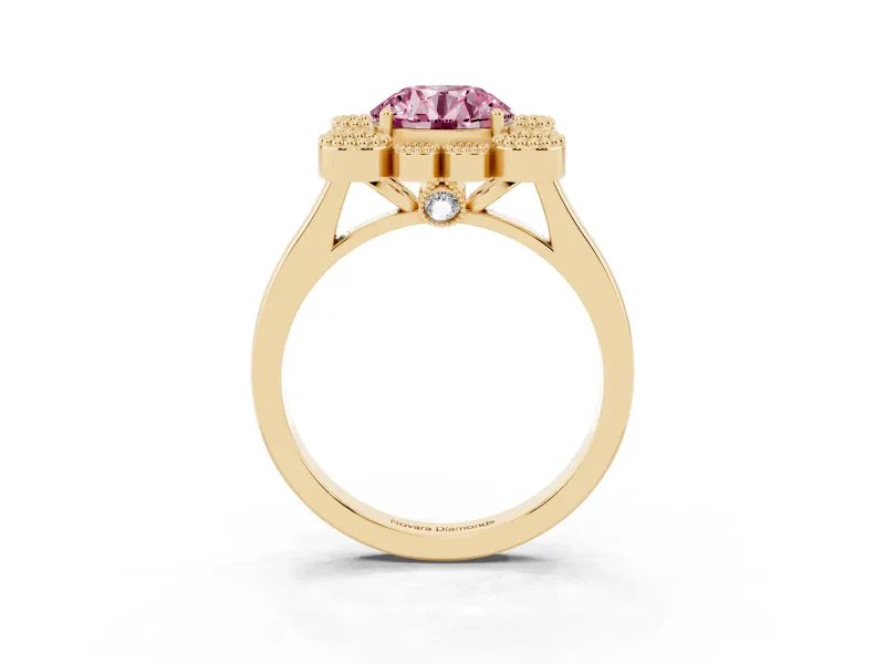 Round Milgrain Cluster Halo Engagement Ring Setting for a Fancy Pink Lab-Grown Diamond | Plain Band | Yellow Gold