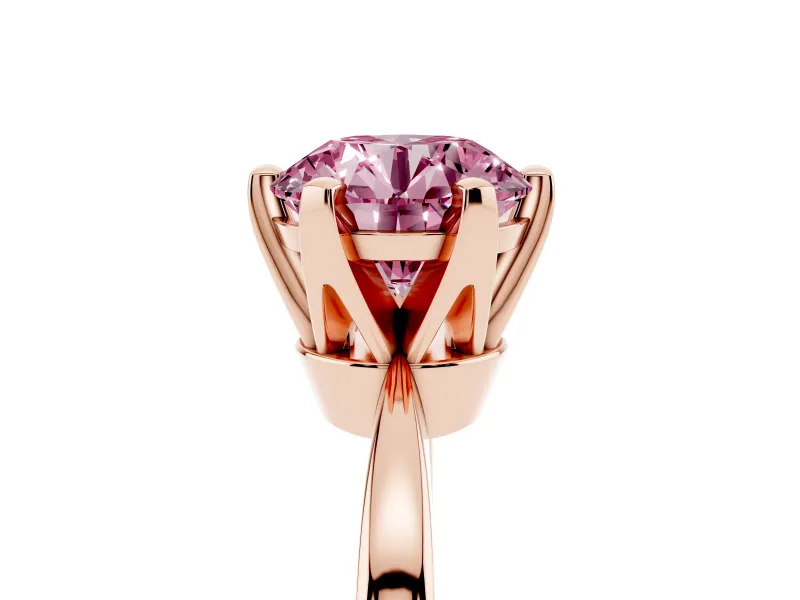 Fancy Pink Round Cut Diamond Solitaire Engagement Ring Set in Rose gold with Slim Tapered Solitaire Band