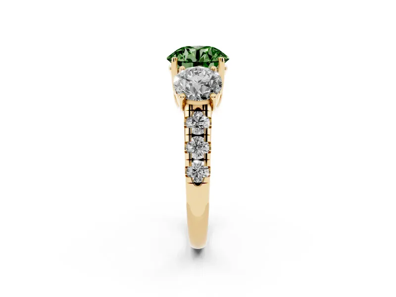 Round Three Stone Engagement Ring Setting for a Fancy Green Lab-Grown Diamond | Accented Shoulders | Yellow Gold