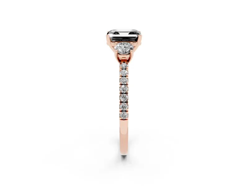 Asscher Cut Three Stone Engagement Ring Setting for a Black Center | Pavé Shoulders | Rose Gold