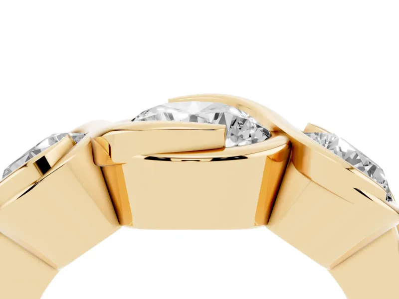 Round Cut Diamond Three-Stone Wave Ring Set in Yellow gold with Bezel Setting