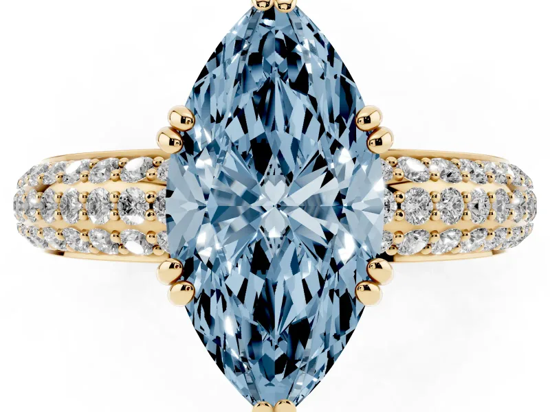 Marquise Three Row Pave Engagement Ring Setting for a Fancy Blue Lab-Grown Diamond | Yellow Gold