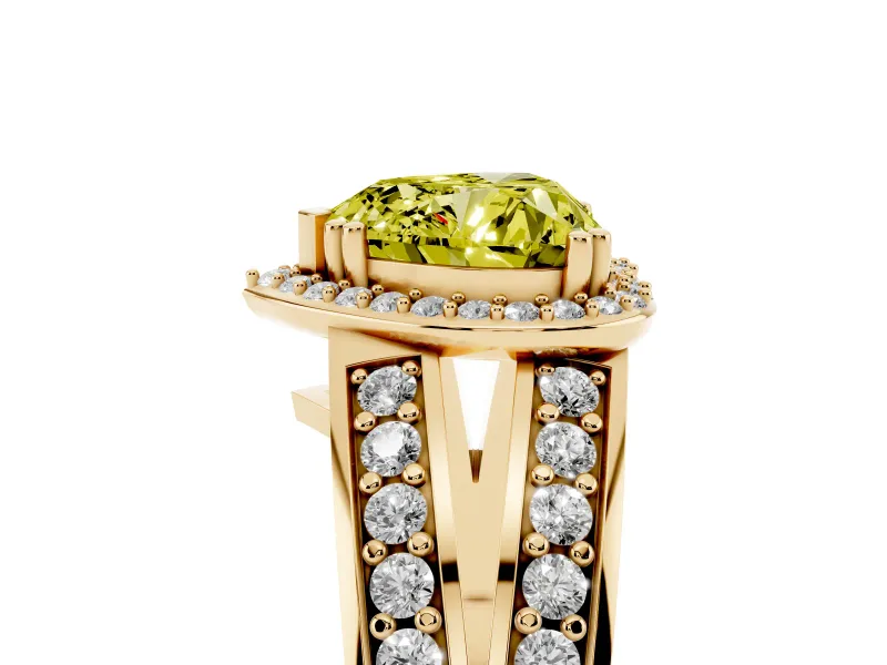 Fancy Yellow Heart Cut Diamond Halo Ring Set in Yellow gold with Double Pavé Split Shank