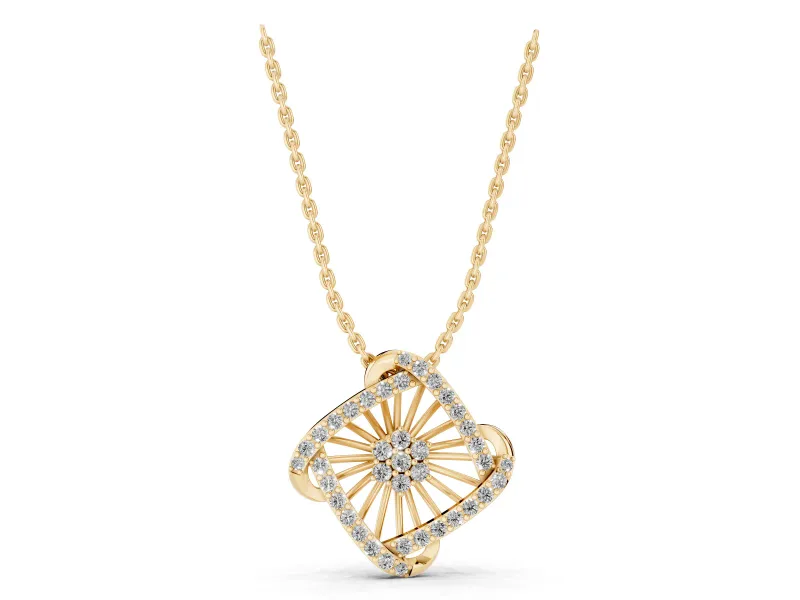 Round Lab-Grown Diamond Cluster Sunburst Pendant Necklace | Pavé Swirl Frame | Yellow Gold