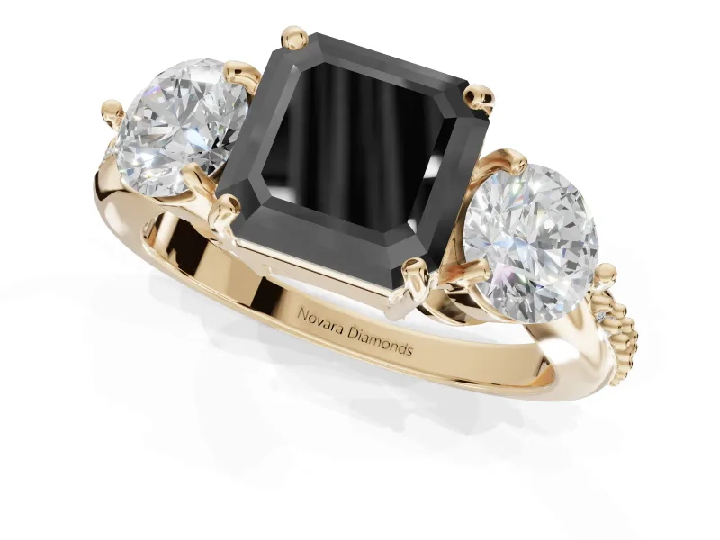 Fancy Black Asscher Cut Lab-Grown Diamond Three-Stone Ring Set in Yellow Gold with Channel-Set Band and Prong Setting