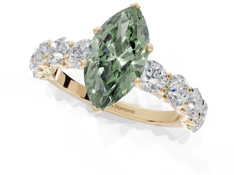 Marquise Side Stone Engagement Ring Setting for a Fancy Green Lab-Grown Diamond | Scalloped Prong Accents | Yellow Gold
