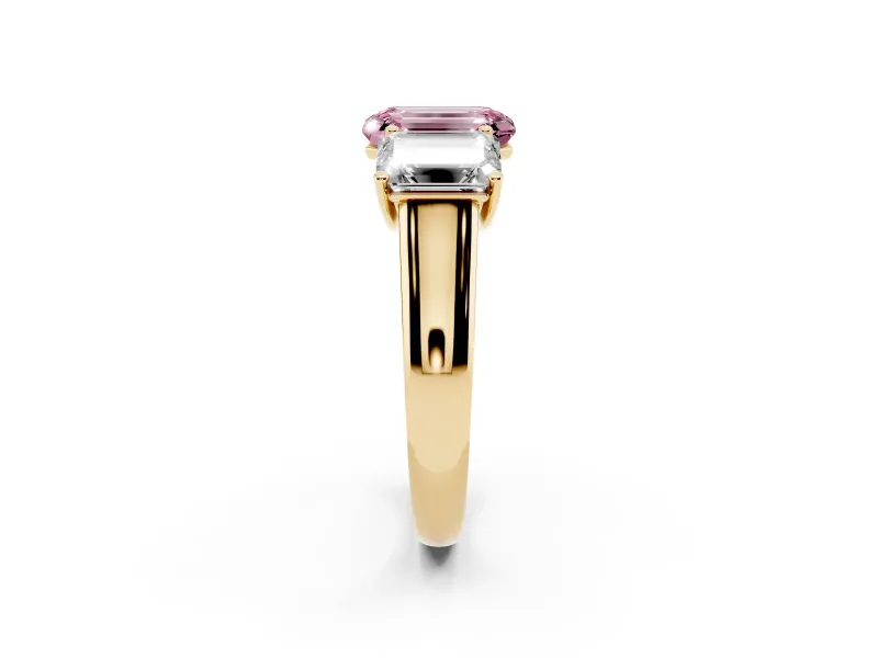 Emerald Cut Three Stone Engagement Ring Setting for a Fancy Pink Lab-Grown Diamond | Basket Prong Heads | Yellow Gold