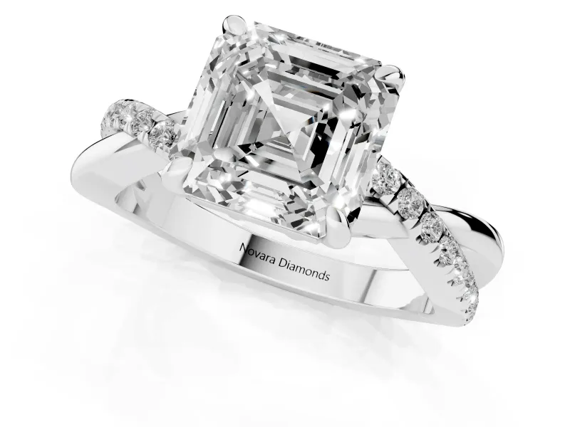 Asscher Cut Diamond Twist Band Solitaire Set in Silver with Pavé Accents and Prong Setting