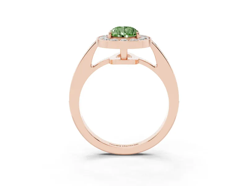 Fancy Green Pear Cut Diamond Halo Pavé Engagement Ring Set in Rose gold with Bezel Setting