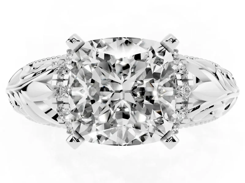 Cushion Cut Diamond Filigree Halo Engagement Ring Set in Platinum with Prong Setting