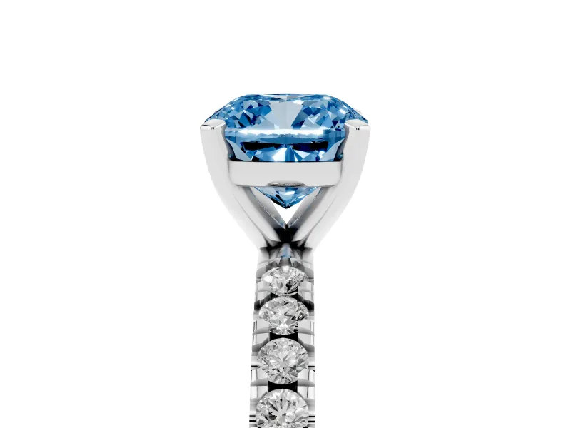 Fancy Blue Cushion Cut Diamond Pavé Band Solitaire Set in Platinum with Prong Setting