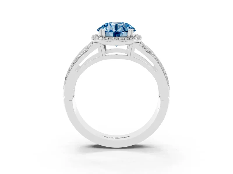 Round Halo Engagement Ring Setting for a Fancy Blue Lab-Grown Diamond | Two-Row Pave Split Shank | Sterling Silver