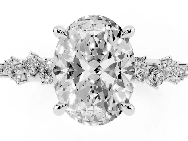 Oval Cut Diamond Solitaire Vine Band Ring Set in White gold with Round Accents and Prong Setting