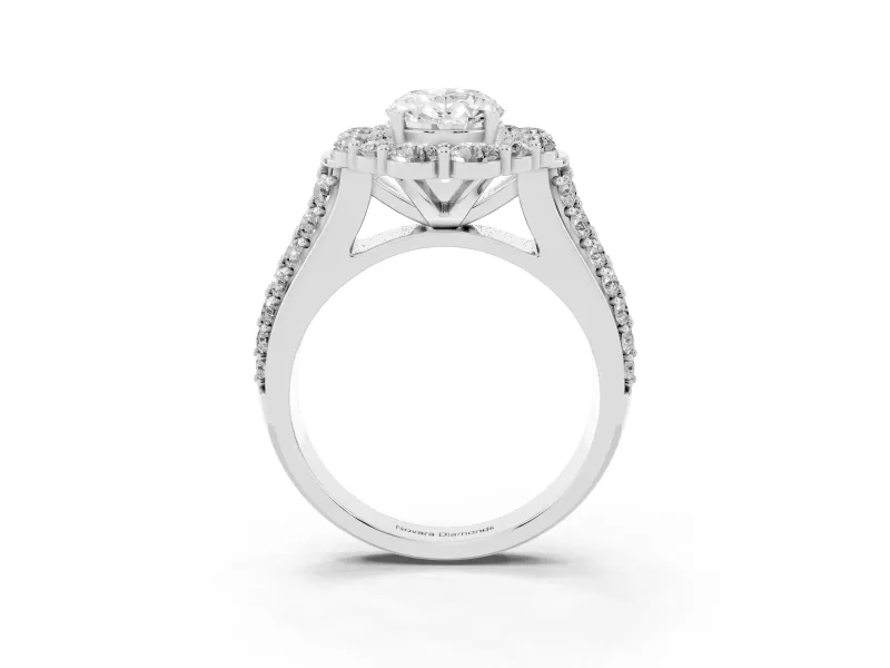 Oval Cut Diamond Halo Engagement Ring Set in Silver with Split Shank and Prong Setting
