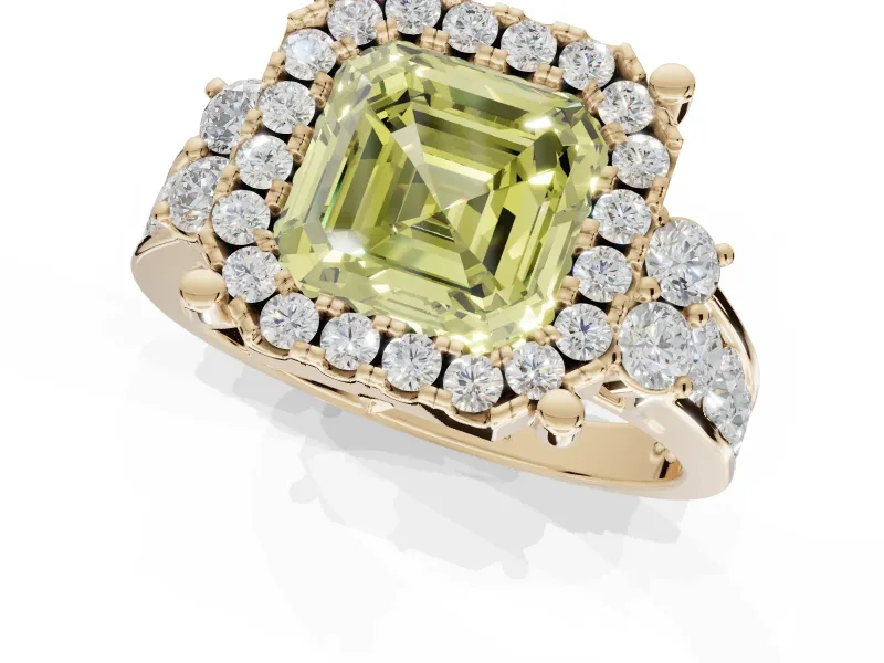 Asscher Cut Halo Engagement Ring Setting for a Fancy Yellow Lab-Grown Diamond | Graduated Channel Band | Yellow Gold
