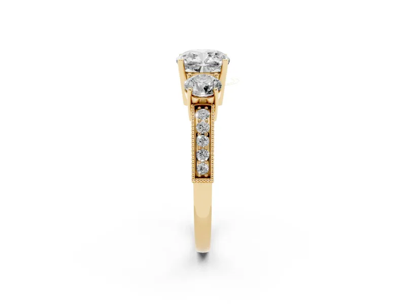Cushion Cut Diamond Three-Stone Ring Set in Yellow gold with Round Side Stones and Pavé Band