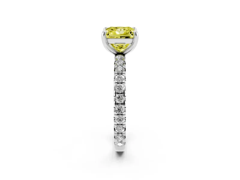 Fancy Yellow Princess Cut Diamond Pavé Solitaire Ring Set in Platinum with Round Band and Prong Setting