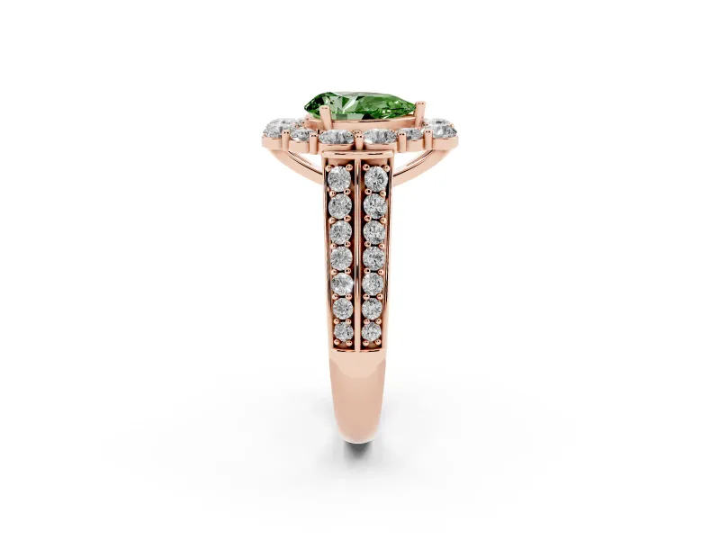 Fancy Green Pear Cut Diamond Halo Engagement Ring Set in Rose gold with Split Shank and Prong Setting