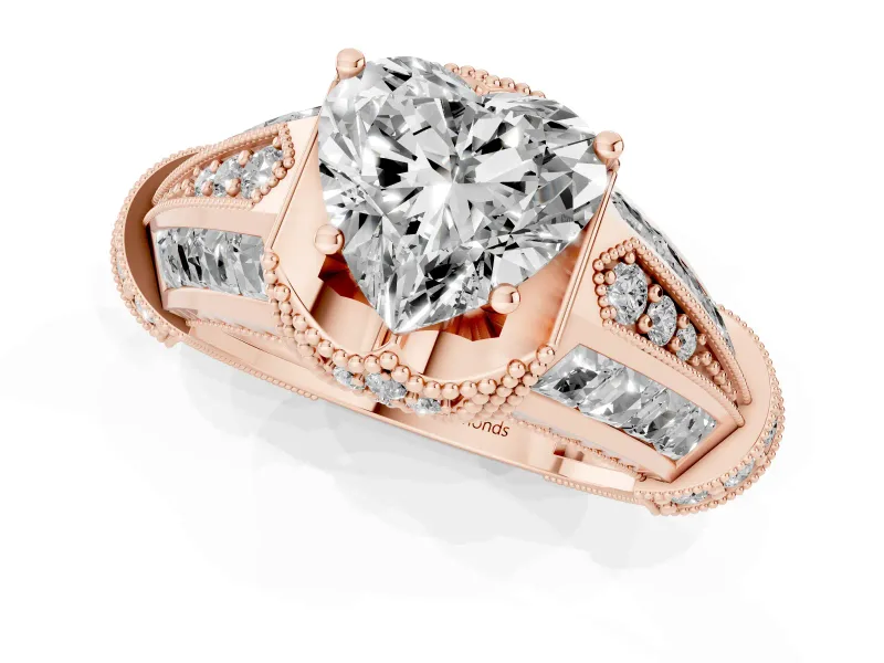 Heart-Shaped Vintage Milgrain Engagement Ring Setting | Hidden Halo | Rose Gold