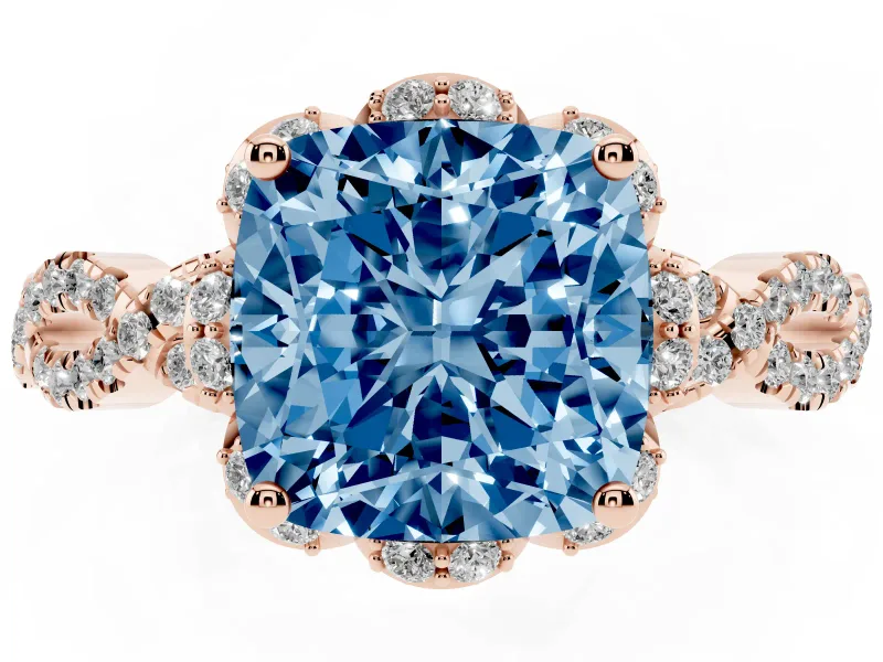 Fancy Blue Cushion Cut Diamond Halo Twist Band Solitaire Ring Set in Rose gold with Prong-Set Center Stone
