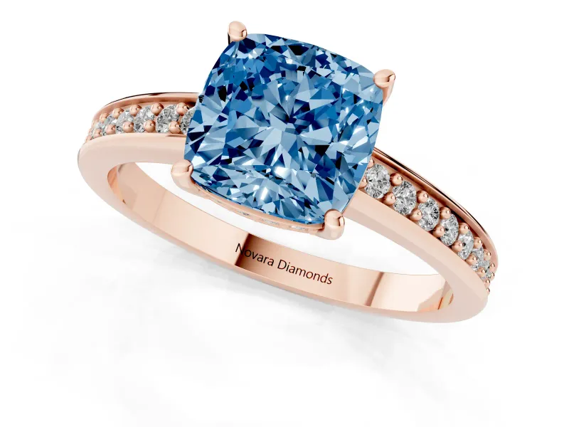 Cushion Cut Pave Solitaire Engagement Ring Setting for a Fancy Blue Lab-Grown Diamond | Accented Basket | Rose Gold