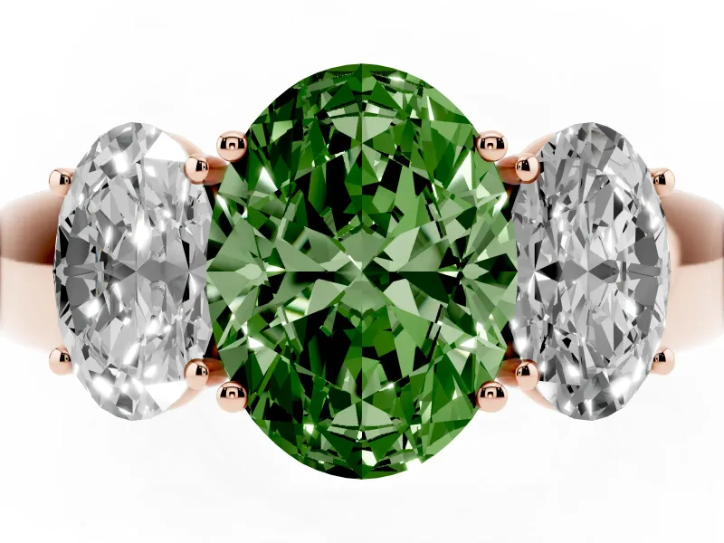 Fancy Green Three-Stone Oval Cut Diamond Ring Set in Rose gold with Matching Prong Settings and Plain Band