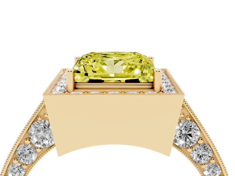 Princess Cut Milgrain Halo Engagement Ring Setting for a Fancy Yellow Lab-Grown Diamond | Side Stones | Yellow Gold