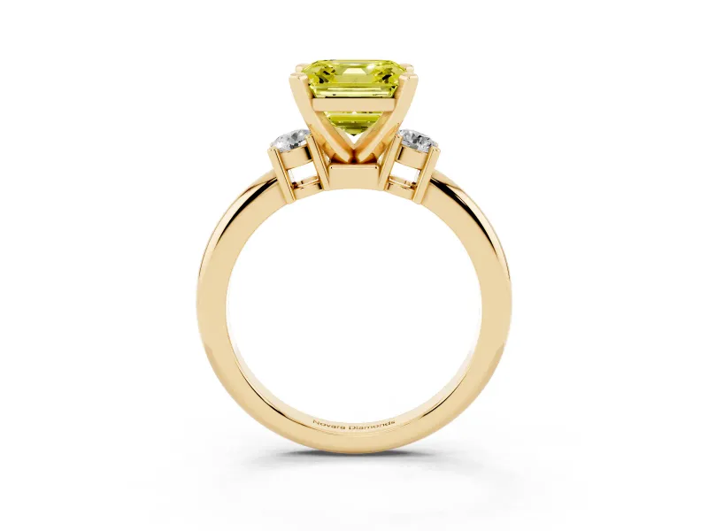 Fancy Yellow Three-Stone Asscher Cut Diamond Ring Set in Yellow gold with Prong Setting and Plain Band