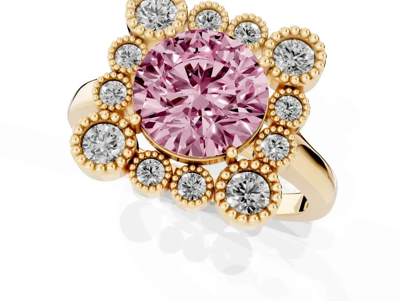 Round Milgrain Cluster Halo Engagement Ring Setting for a Fancy Pink Lab-Grown Diamond | Plain Band | Yellow Gold