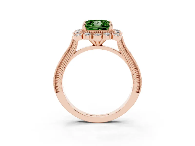 Fancy Green Princess Cut Diamond Halo Milgrain Pavé Ring Set in Rose gold with Prong Setting