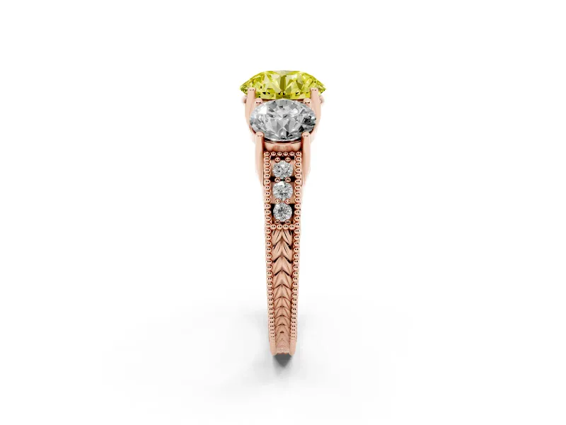 Round Vintage Three Stone Engagement Ring Setting for a Fancy Yellow Lab-Grown Diamond | Rose Gold
