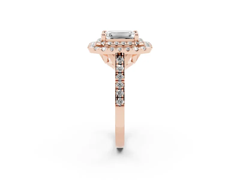 Emerald Cut Double Halo Engagement Ring Setting | Pave Shoulders | Rose Gold