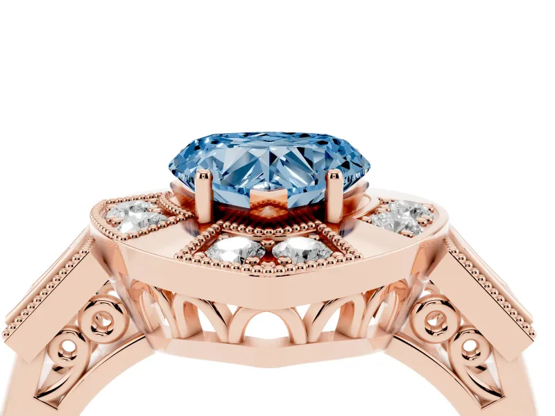 Fancy Blue Heart Cut Diamond Milgrain Halo Ring Set in Rose gold with Split Shank