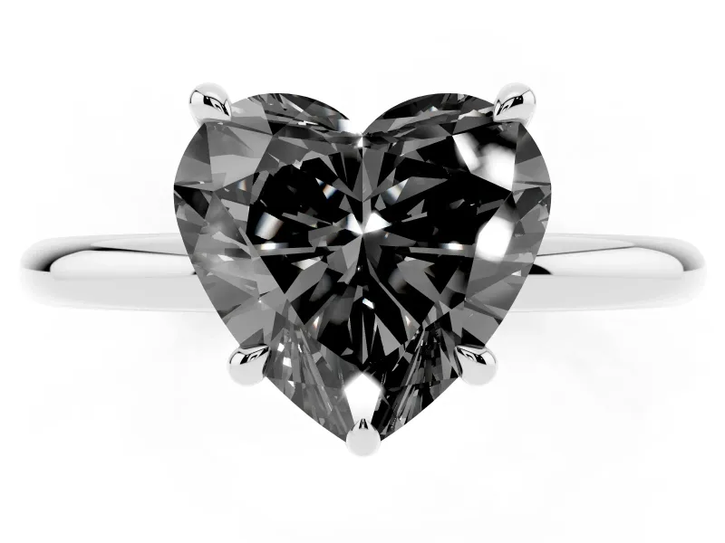 Fancy Black Heart Cut Diamond Solitaire Ring Set in Platinum with Thin Band and Prong Setting