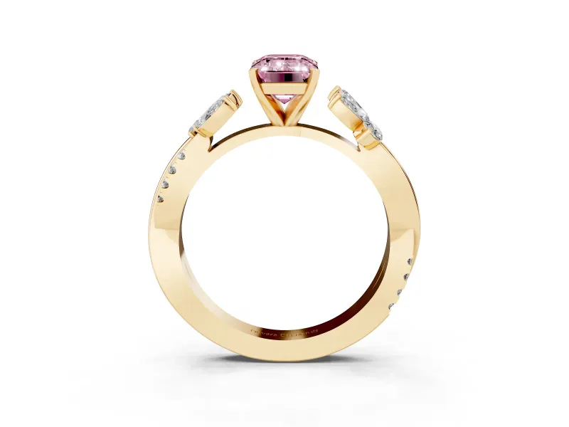 Fancy Pink Emerald Cut Diamond Floral Vine Solitaire Engagement Ring Set in Yellow gold with Marquise Leaves