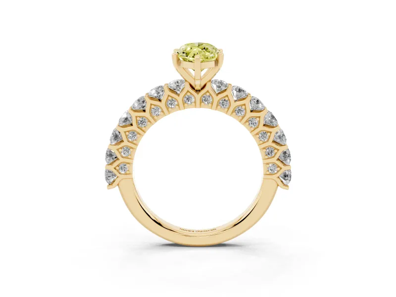 Fancy Yellow Marquise Cut Diamond Solitaire Ring Set in Yellow gold with Shared Prong Pavé Band