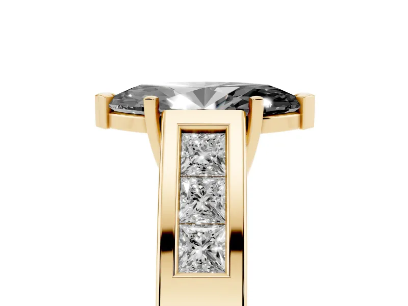 Marquise Channel-Set Engagement Ring Setting for a Black Center | Princess Side Stones | Yellow Gold