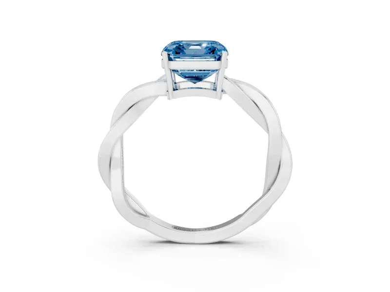 Fancy Blue Asscher Cut Diamond Solitaire Twisted Pavé Ring Set in White gold with Prong Setting