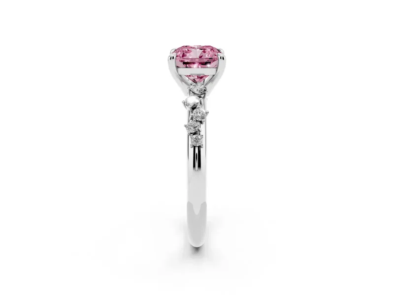 Fancy Pink Cushion Cut Diamond Solitaire Vine Band Ring Set in White gold with Round Accents and Prong Setting