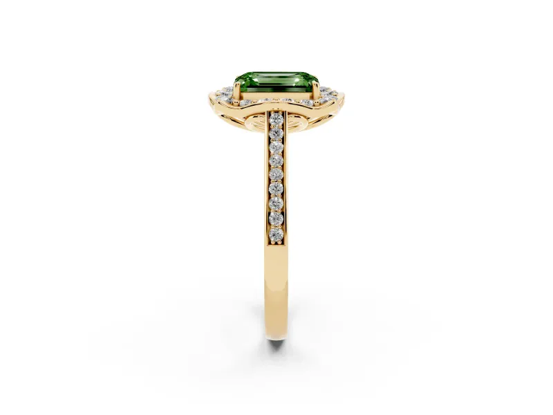 Emerald Cut Petal Tip Halo Engagement Ring Setting for a Fancy Green Lab-Grown Diamond | Pavé Band | Yellow Gold