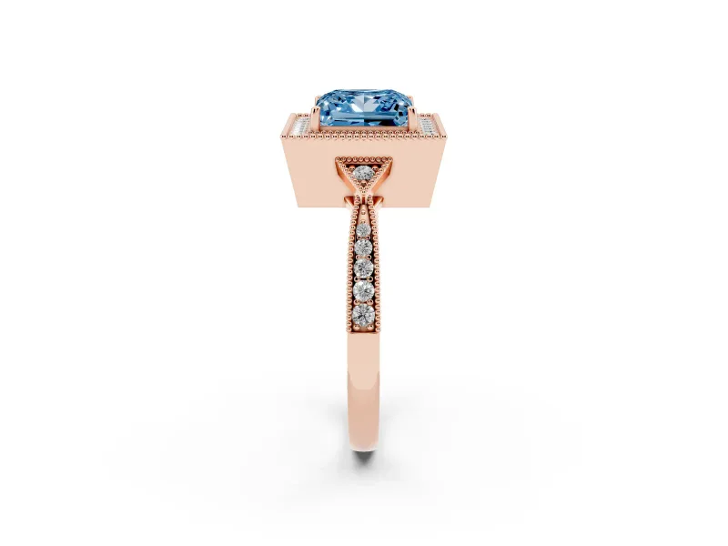 Fancy Blue Princess Cut Diamond Halo Engagement Ring Set in Rose gold with Milgrain Pavé Band