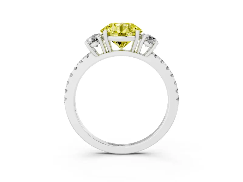Round Three Stone Engagement Ring Setting for a Fancy Yellow Lab-Grown Diamond | Pave Shoulders | Platinum