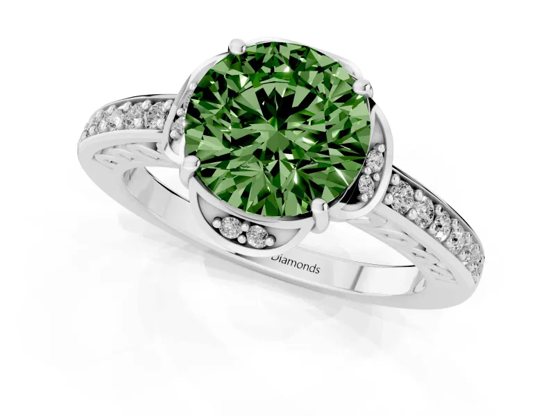 Round Floral Pavé Engagement Ring Setting for a Fancy Green Lab-Grown Diamond | White Gold