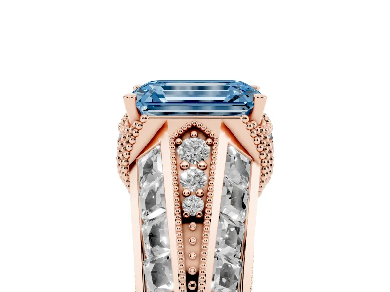 Fancy Blue Emerald Cut Diamond Vintage-Inspired Milgrain Ring Set in Rose gold with Accent Split Shank