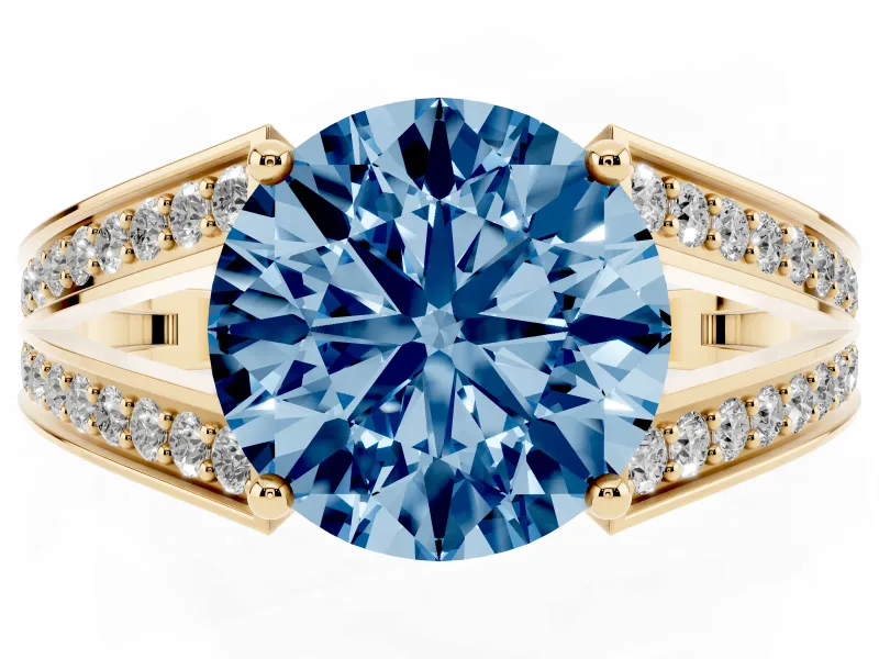 Fancy Blue Round Cut Diamond Split Shank Ring Set in Yellow gold with Pavé Band and Prong Setting